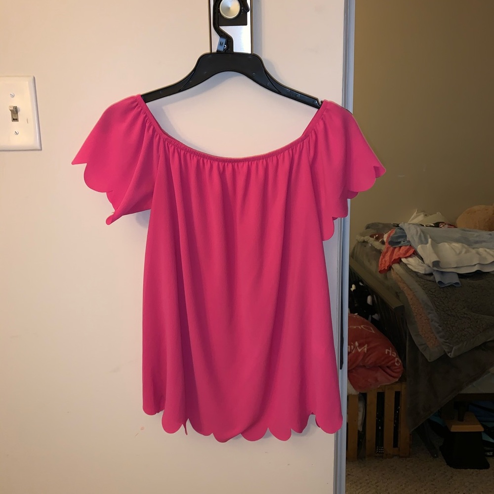 Bright pink off the shoulder shirt